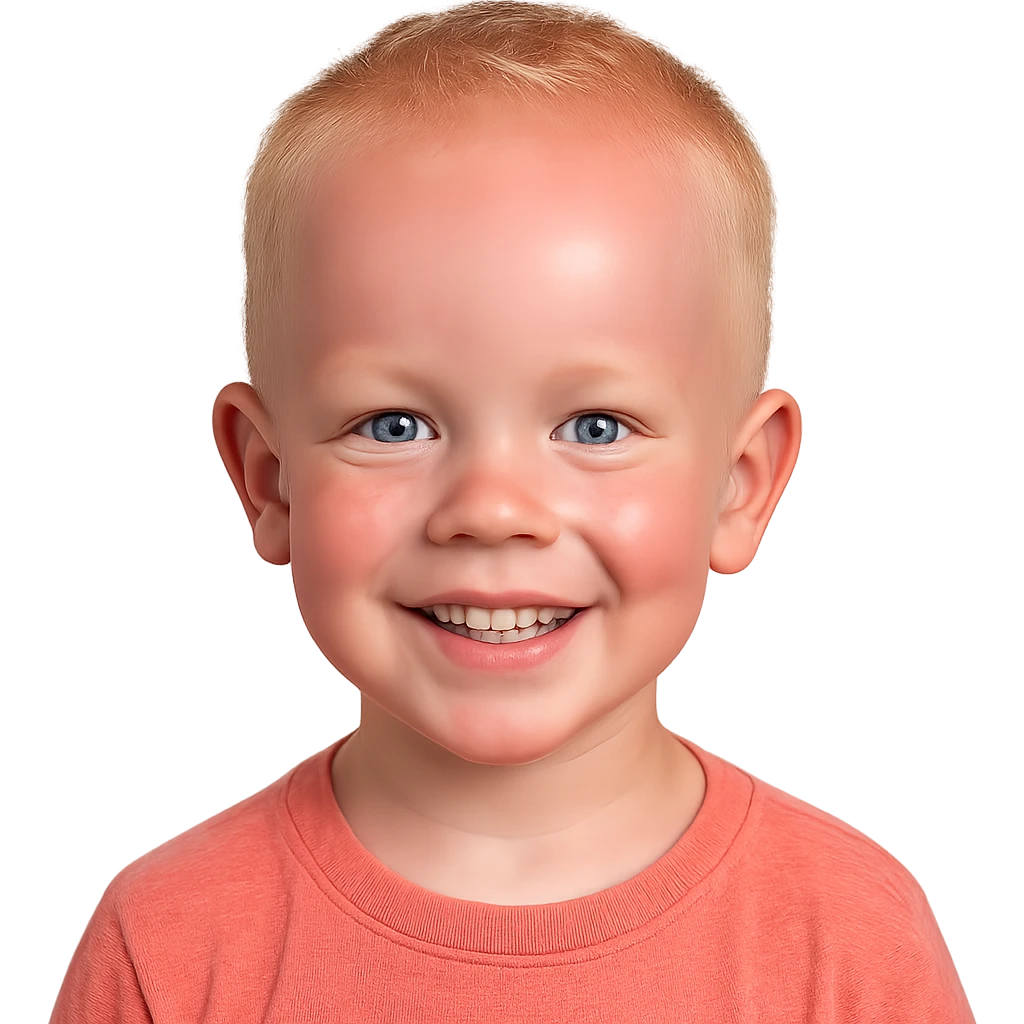 young blonde boy with blue eyes, big forehead, smiling, pale skin with slight red tint from tanning bed emoji