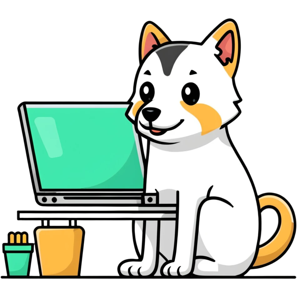 light-colored dog as a graphic designer, sitting at a computer, working on a design emoji