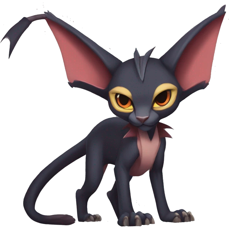Black cool vampiric Noivern-Litten-Sphynx-Lykoi-Caracal-Fakemon with big bat ears full-body emoji