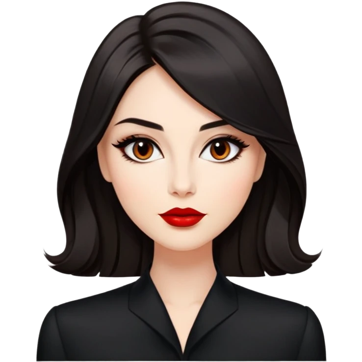 Respected actress with fair glowing skin, voluminous dark straight hair with slight waves at ends, almond eyes with refined eyeliner, defined features, red lips, black elegant outfit, poised professional expression emoji