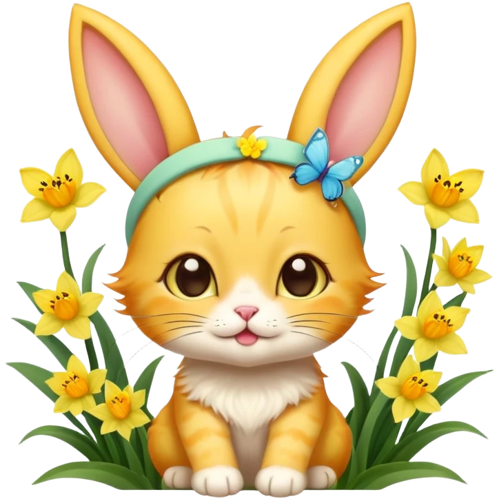 A sunshine yellow kitten with freckles, bunny ears headband, surrounded by daffodils and playful butterflies. emoji