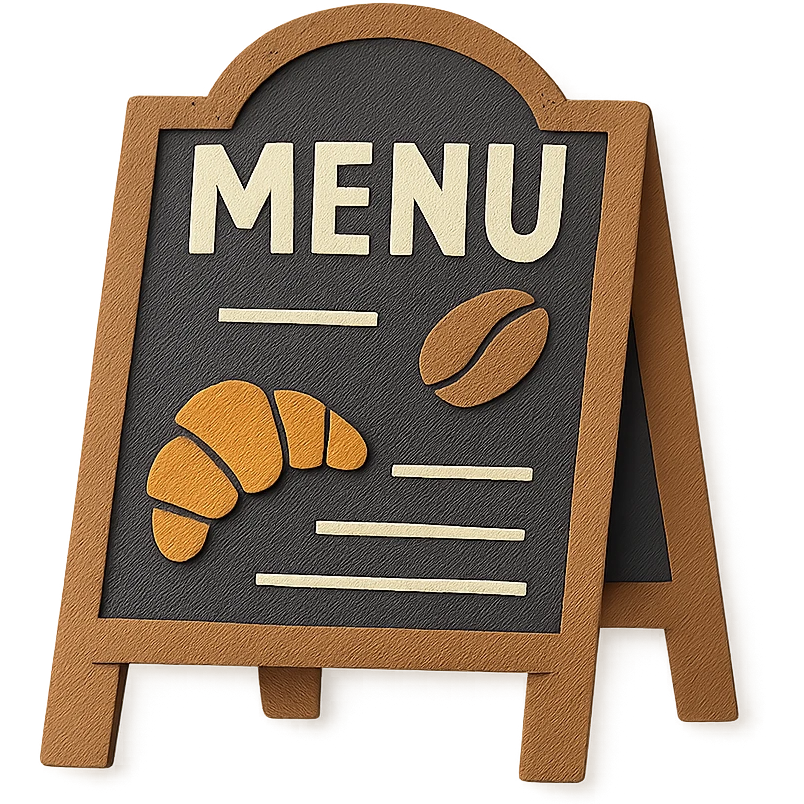 small café chalkboard menu with coffee bean and croissant doodles, hand-drawn pastel emoji