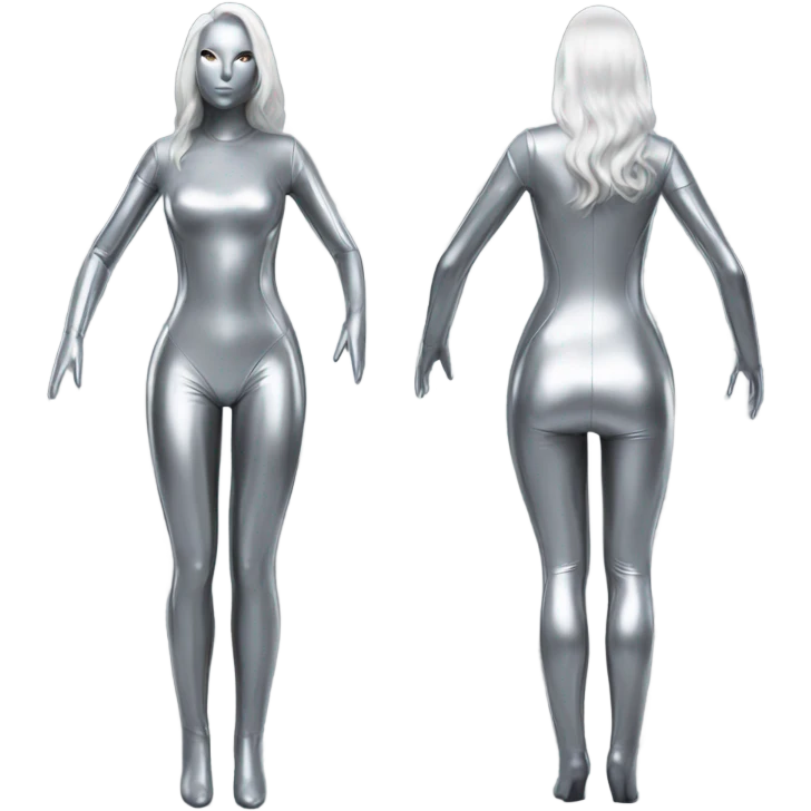 silver female latex bodysuit full front and back view emoji
