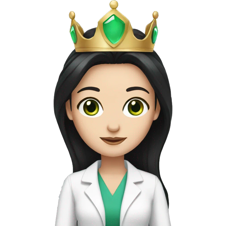 White Female doctor green eyes long black hair and a crown emoji