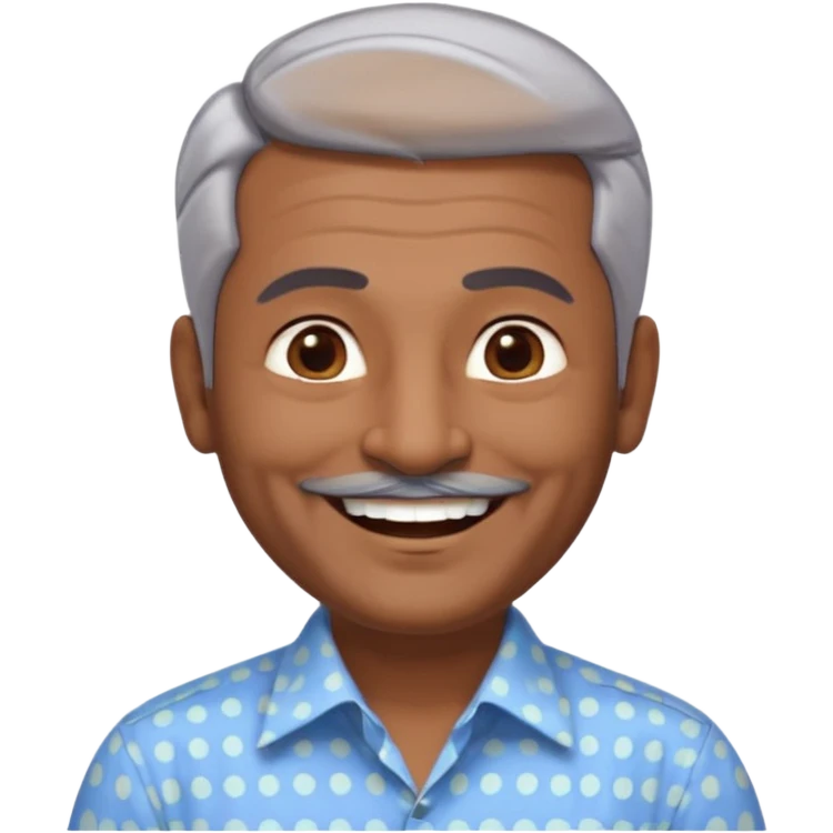 50 yr old indian man, dark skin, grey hair, big smile, white teeth, chubby, no moustache, clean shaven, young style hair, hair brushed back, 5 oclock shadow, dot on forehead, dress shirt emoji