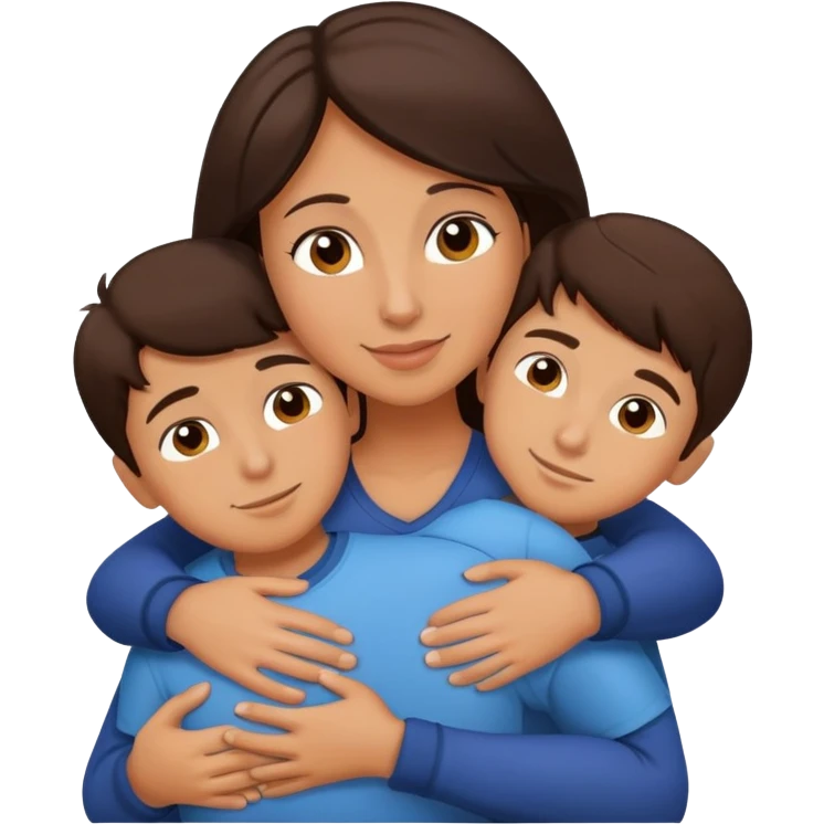 Brunette mom hugging 3 sons, realistic  emoji
