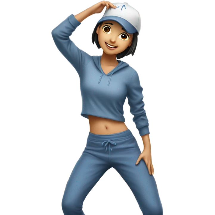 Asian girl dancing in sweat pants on top of a table wearing ball cap emoji