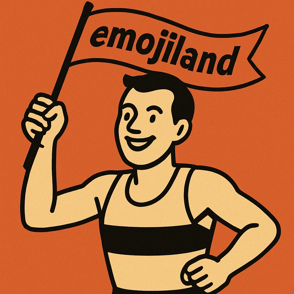 happy runner waving a flag that says 'emojiland' emoji