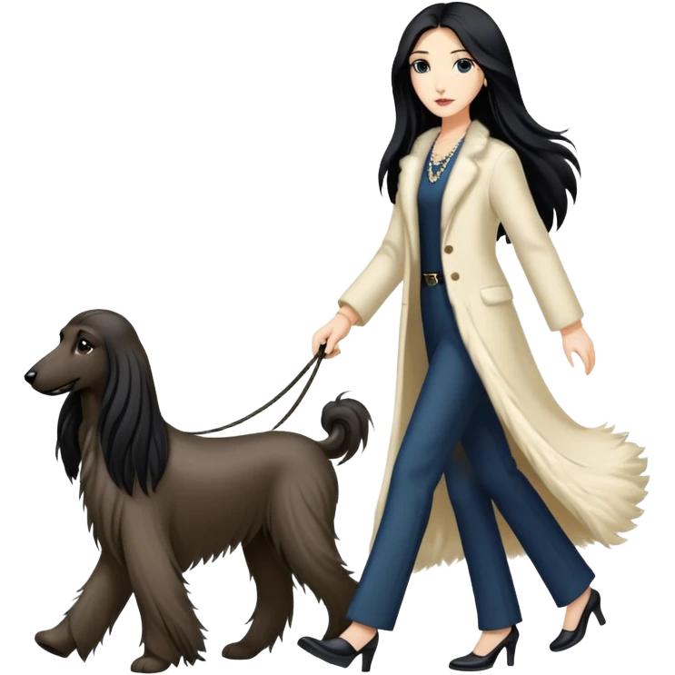 A girl with long black hair walking an Afghan hound emoji