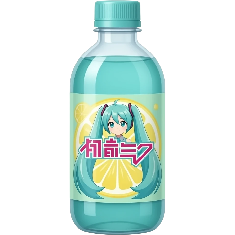bottle of lemonade, with a miku hatsune label, teal lemonade emoji
