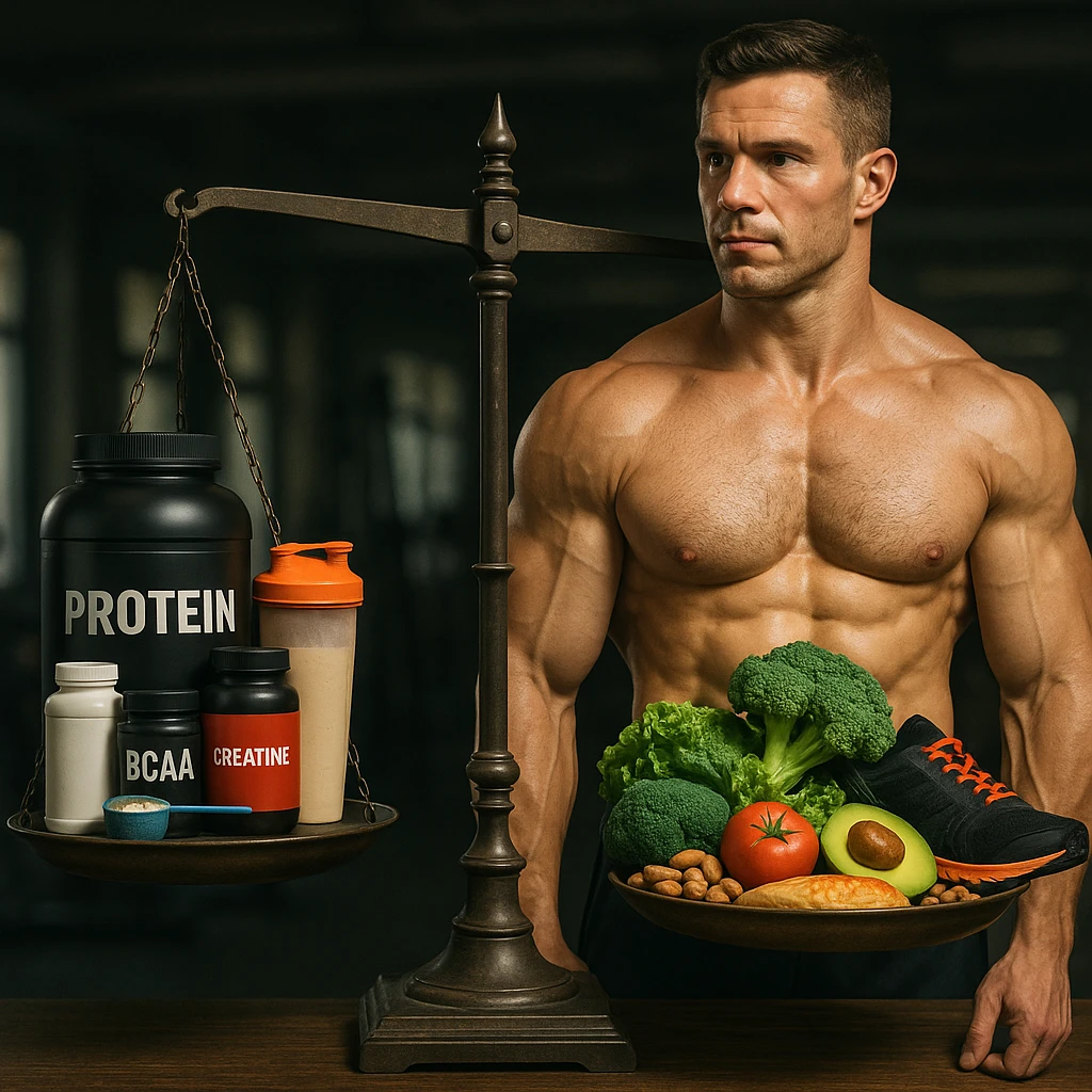 A 35-year-old bodybuilder con equilibrio su uso di sostanze e non. immagine iper realistica, fai una bilancia emoji