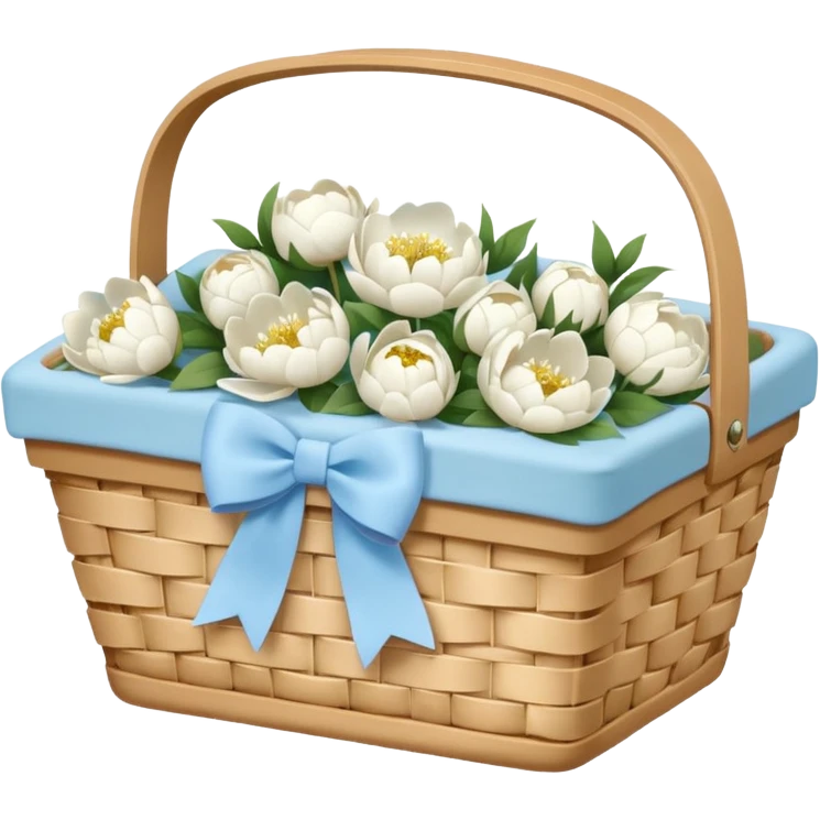 White Picnic basket with light blue bow and white peonies inside emoji