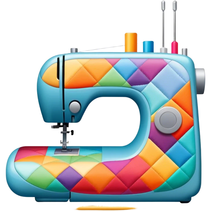 Patchwork and quilting icon, colorful fabric patches sewn together in a quilt pattern, sewing needle and thread, quilting tools like rotary cutter and quilting hoop, minimalistic style, clean lines, transparent background. emoji