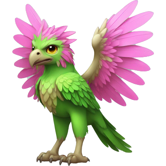 Full-body green gryphon with pink wings and pink tail-feathers emoji