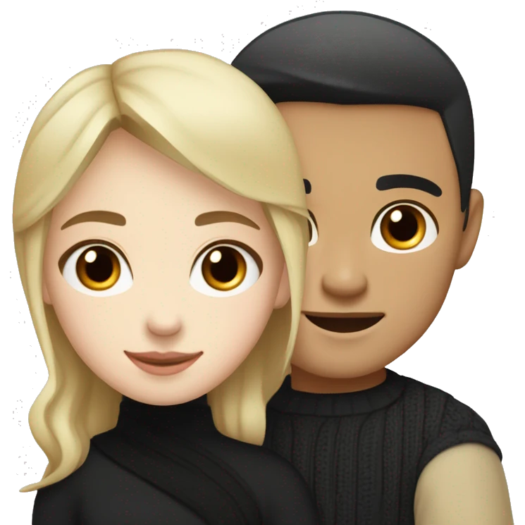 Blonde girl with blue eyes in black sweater and an east asian with light skin man with black hair and black eyes hugging emoji