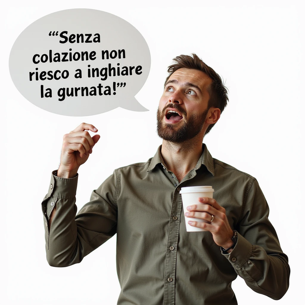 hyperrealistic 4K man isolated on white background, speech bubble saying 'Senza colazione non riesco a iniziare la giornata', enthusiastic expression, realistic details, different pose, variant 6 emoji