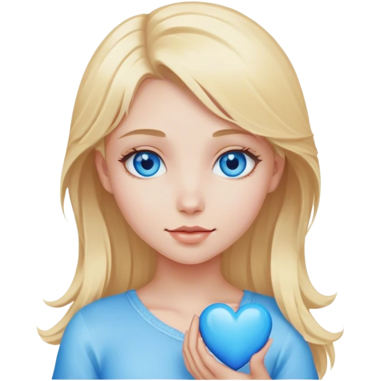 Blonde girl with blue eyes holding a blue heart emoji