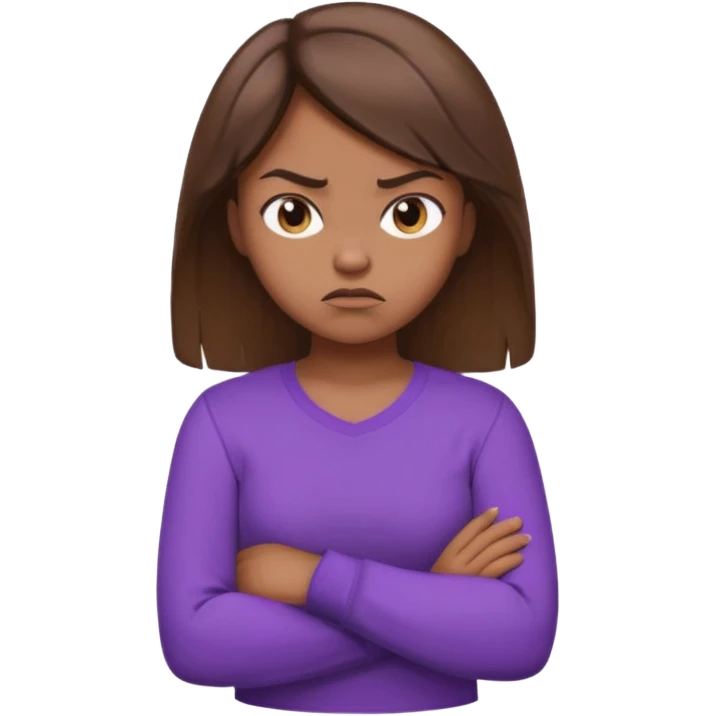 Girl with brown hair crossing arms in front of her chest and making an angry face with a purple longsleeve shirt on and be more pouty emoji