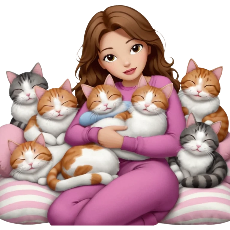 girl with long wavy brown hair, brown eyes, long lashes makeup, sexy pink lips, light to medium complexion,  sleeping on a cozy pillow, with 6 cats: 1 brown and white tabby cat, 1 ginger and white, 2 grey and white, 1 grey with white mittens and small white patch on chest and 1 calico, sleeping emoji