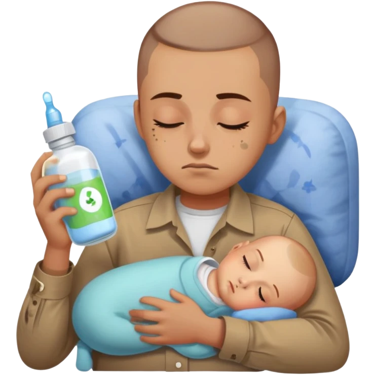 Hair: Buzzcut with baby photo sticker on temple Face: Sleep-deprived squint, formula powder residue Clothes: Stained button-up with mismatched socks Action: Bottle-warming while debugging code emoji
