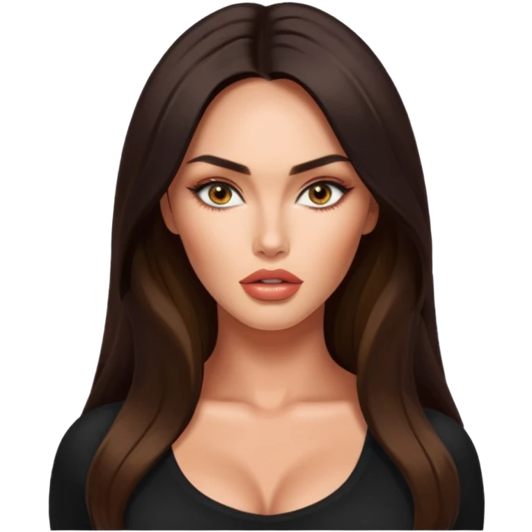 Megan fox, fashion model Beautiful woman model adult   large breasts  with fox eyes tan  skin, full lips  long hair model black   top   emoji