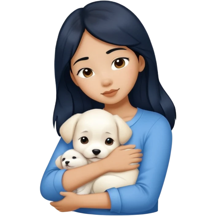 One black hair filipina girl in velvet blue shirt hugging pure white puppy emoji