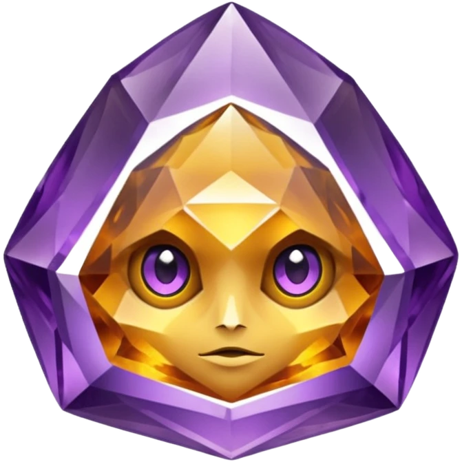 Single gemstone amethyst character, warm golden citrine, squat and heavy like a rock, with carved facets with eyes emoji