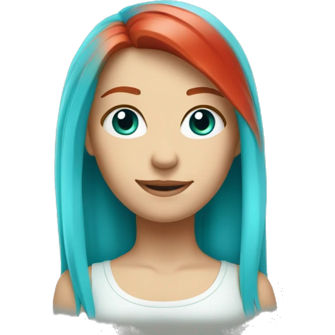 a white blonde girl with red hair at the bottom, her eyes are cyan, she smiles a lot emoji
