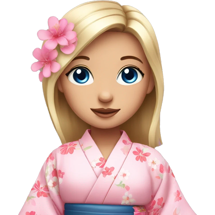 cute girl with blue eyes in pink flower kimono emoji