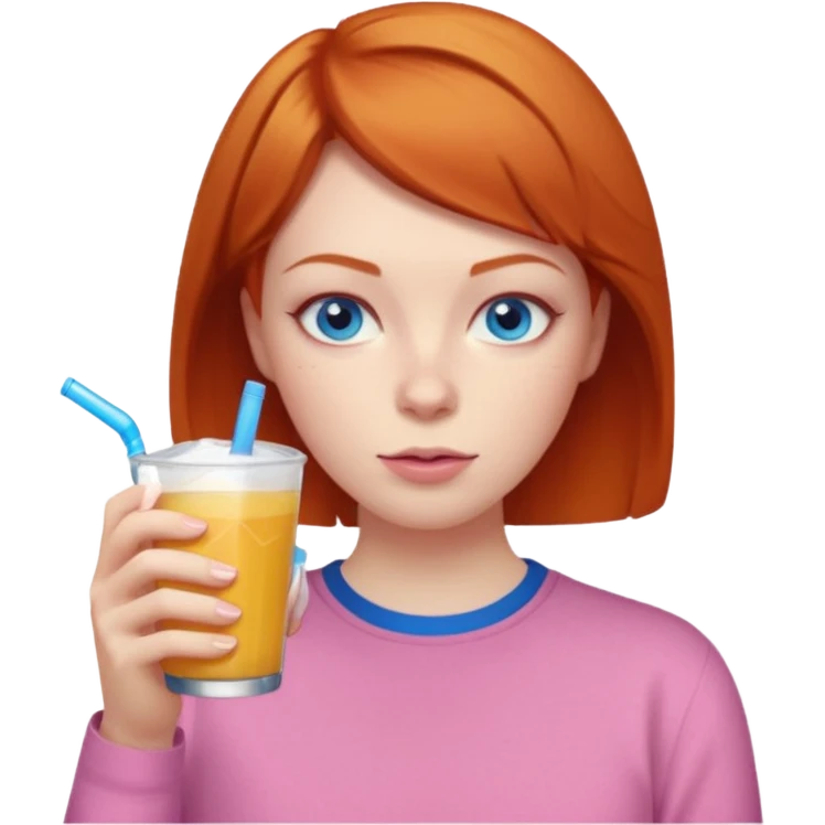 ginger woman short hair, pink shirt, sipping energy drink blue eyes cosy  emoji