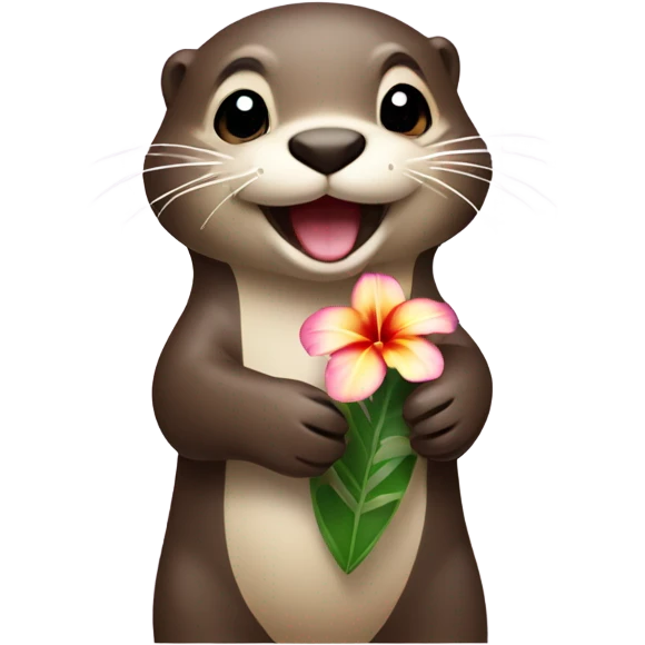 A happy and cute otter face holding a Hawaiian flower emoji