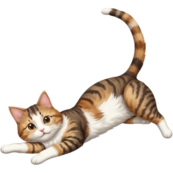 brown tabby and white cat with doing a big extremely long stretch reaching up into the air with arms and legs side by side together straight and overextended whilst lying on its side emoji