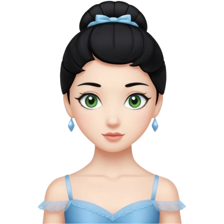 Cinematic Realistic ballerina Medium Blue Portrait, depicted with lifelike skin texture, subtle rosy undertones, and soft natural lighting that enhances the gentle contours of her face. Her intricately detailed sweet black hair is elegantly styled, green eyes emoji