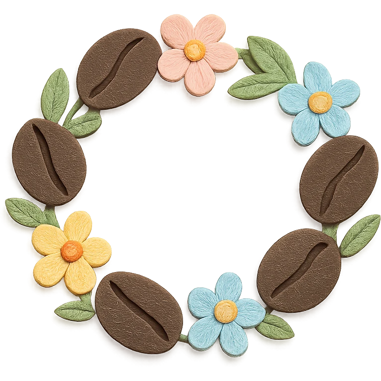 coffee bean floral wreath with small flowers, hand-drawn pastel design emoji