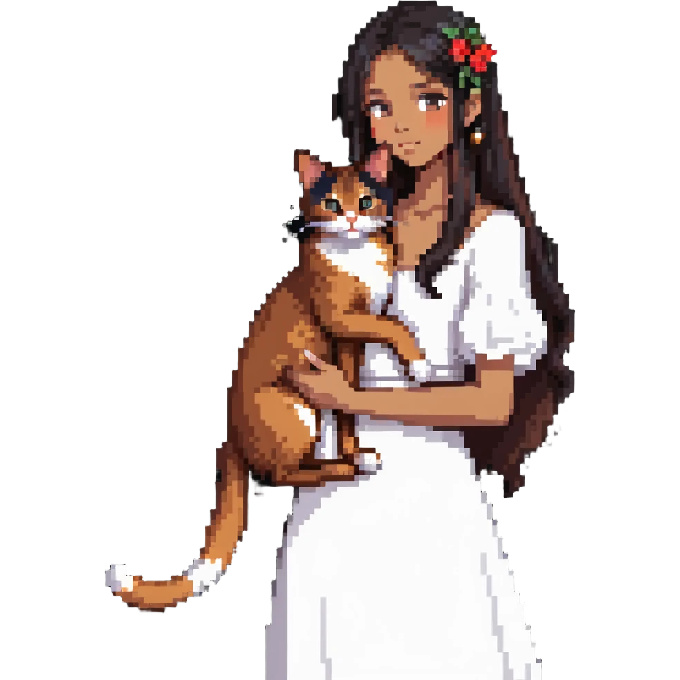 beautiful girl with long black hair wearing a white dress holding an Abyssinian cat with reddish-brown fur in her arms emoji