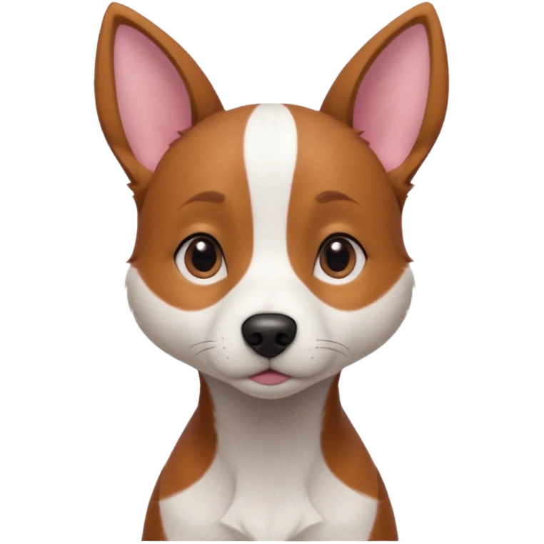 Medium-sized dog with a slim build and short reddish-brown fur. She has large upright ears with a soft expression, slightly graying around her muzzle and eyes, and a pinkish nose. Her chest features a white patch in the shape of a vertical stripe, and her tail is thin and slightly curved. emoji