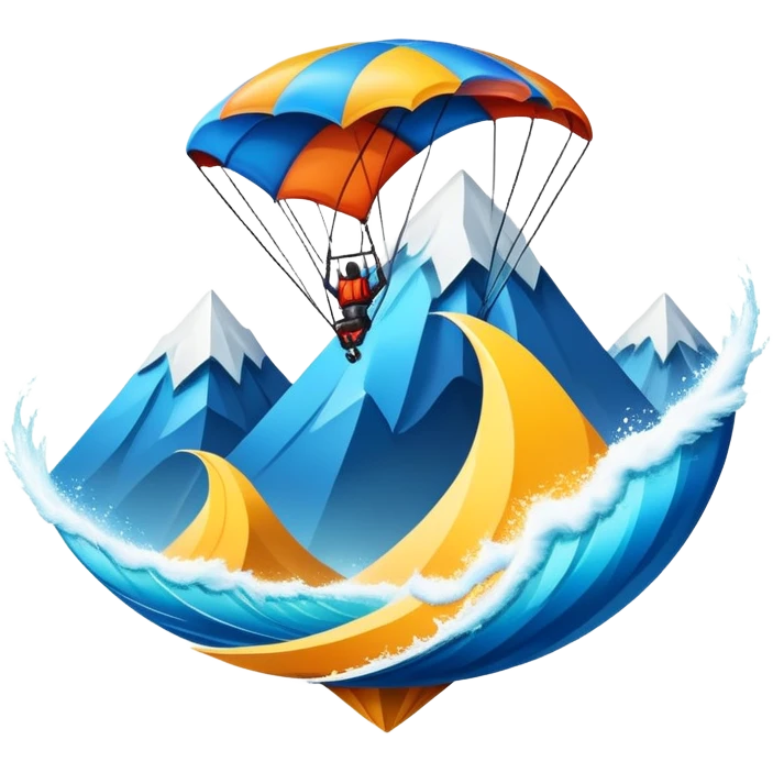 A bold emblem featuring a combination of symbols representing various extreme sports, like a mountain peak, a parachute, and a wave. The design is dynamic and sharp, capturing the thrill and adventure of extreme sports, with a strong, energetic vibe. emoji