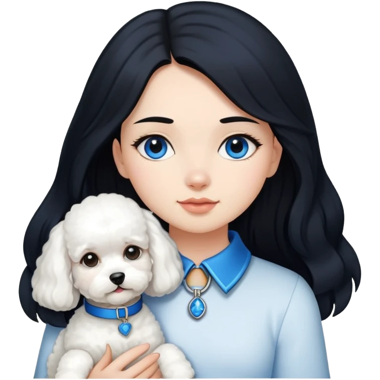 A girl with long black hair holding a bichon with a blue collar emoji