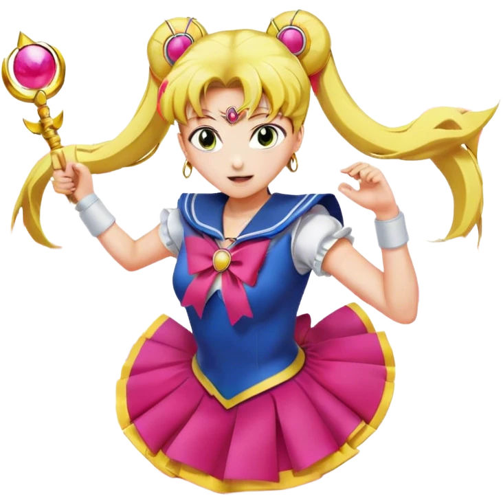Icon for Anime: vibrant, dynamic scene with Bishoujo Senshi Sailor Moon in action, featuring exaggerated expressions and colorful backgrounds. The design should reflect the distinct, energetic style of anime, with iconic eyes and unique visual elements. Transparent background. emoji