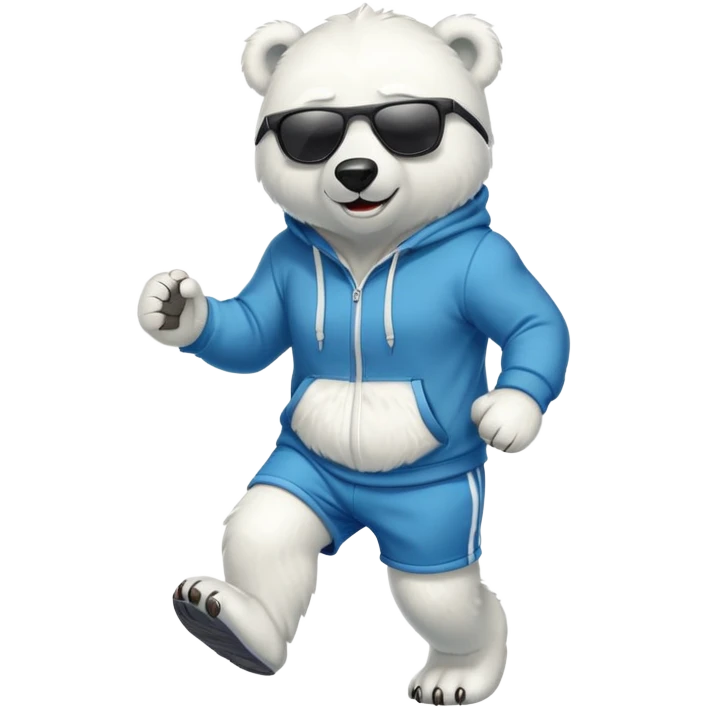 friendly anthropomorphised polar bear jogging upright wearing a hoodie and shorts, dark sunglasses emoji