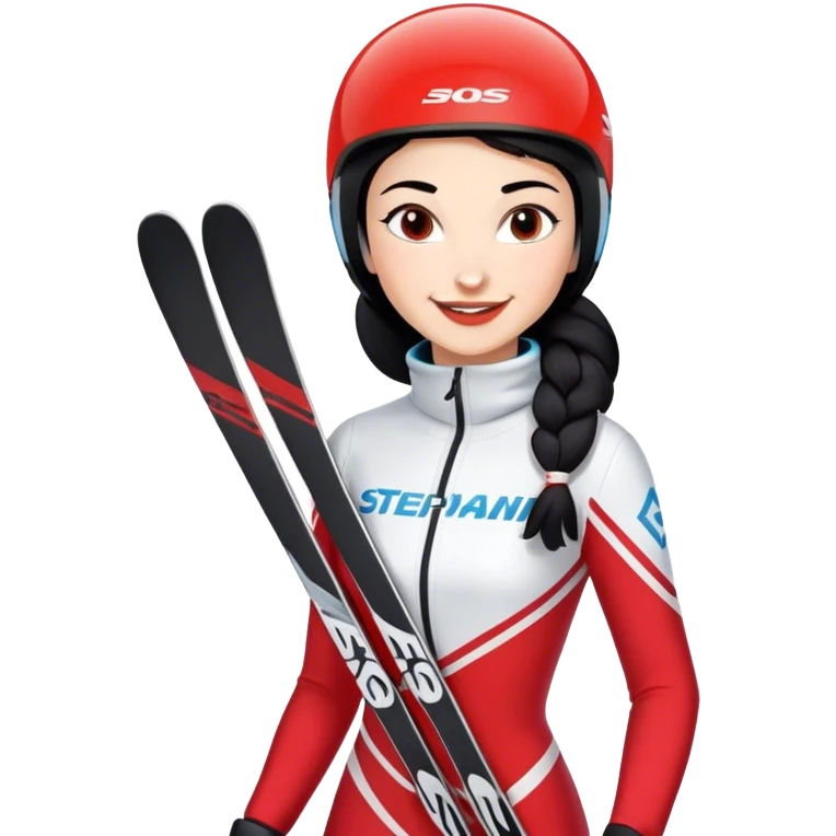 Ski racer woman red white dress with the name Stephanie on the dress and the name HEAD on the skis, black hair, smile emoji