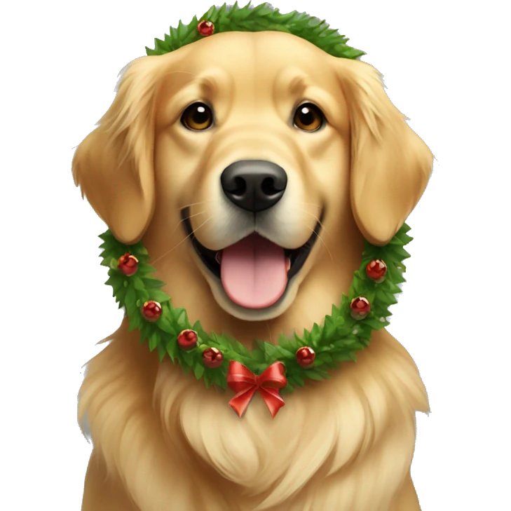 Golden retriever wearing a Christmas wreath around neck emoji
