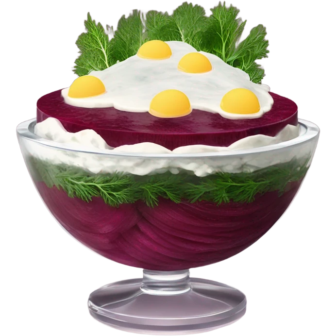 Shuba russian Layered Beet dish  with Herring and mayonnaise in Crystal bowl, dill on top  emoji