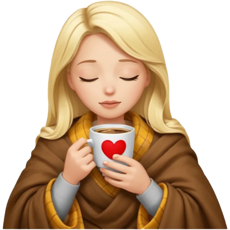 Blonde girl inside a blanket sipping coffee eyes closed emoji