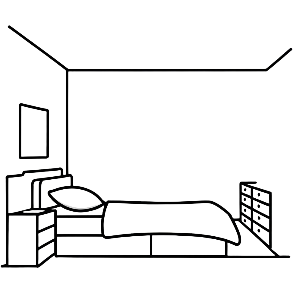 minimalist white teen bedroom with white vanity, white desk, white bed frame, and green plants emoji