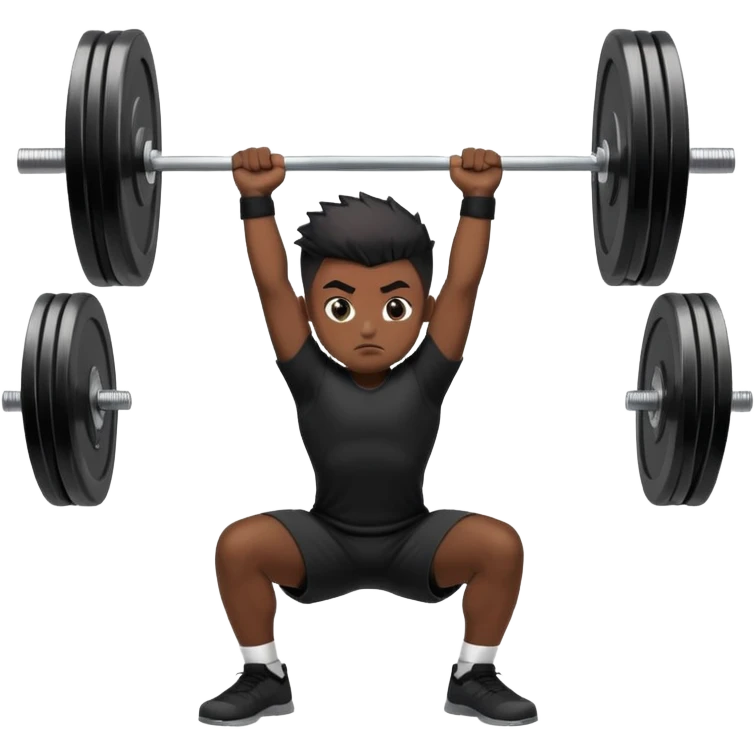 A boy with dark skin, black color front spike hair and wearing a black shirt is doing an overhead squat with a lot of weight on the barbell emoji