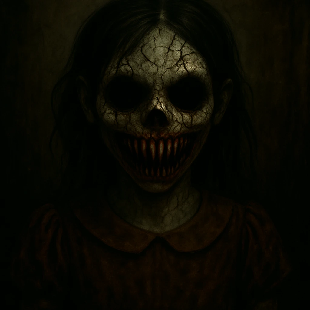 Make the eyes and mouth much scarier and more disturbing, but keep the background and overall picture quality normal. Do not darken the image or use a black background. emoji