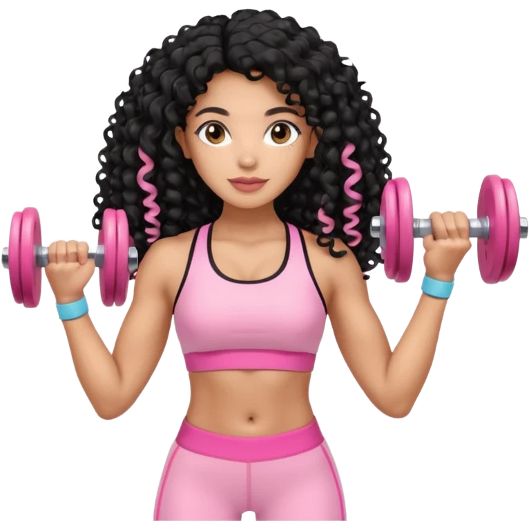 Mixed-race woman with caramel skin, long jet black curly hair, wearing pastel pink sportswear, lifting soft beige dumbbells emoji