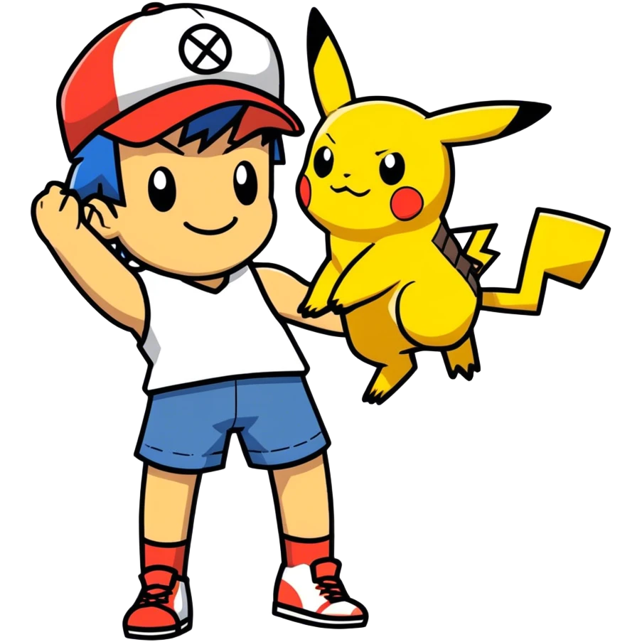 Hot handsomeb muscular 6ft tall smiling happy clean shaven Ash Ketchum playing doctor with Pikachu and giving him a shot emoji