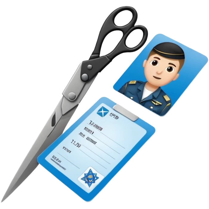 Floating black Scissors cutting in half an idf soldier ID card with a little chip in 2 parts emoji